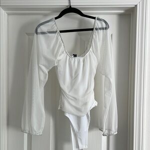 Elegant White Sheer Sleeve Women's bodysuit